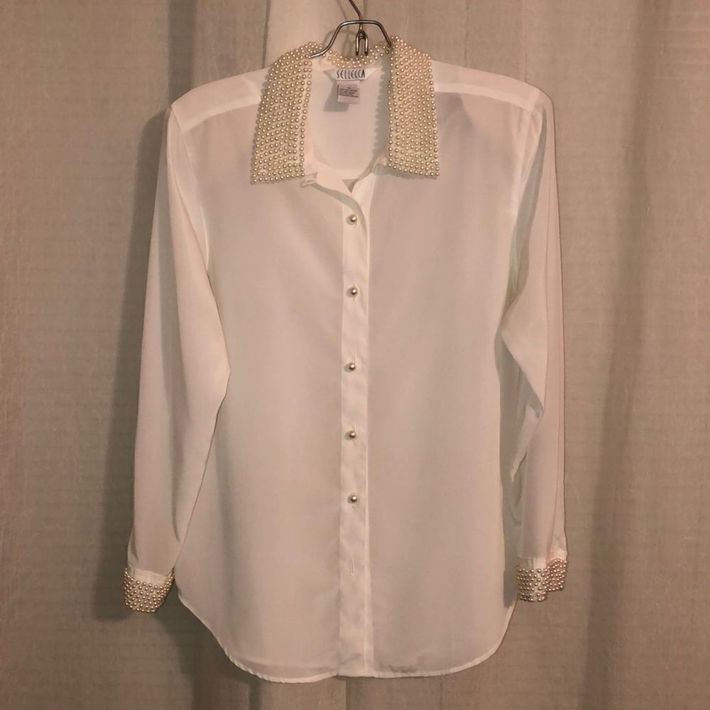 Vintage 14 Pearl Details Collared And Cuffed Long Sleeve Blouse